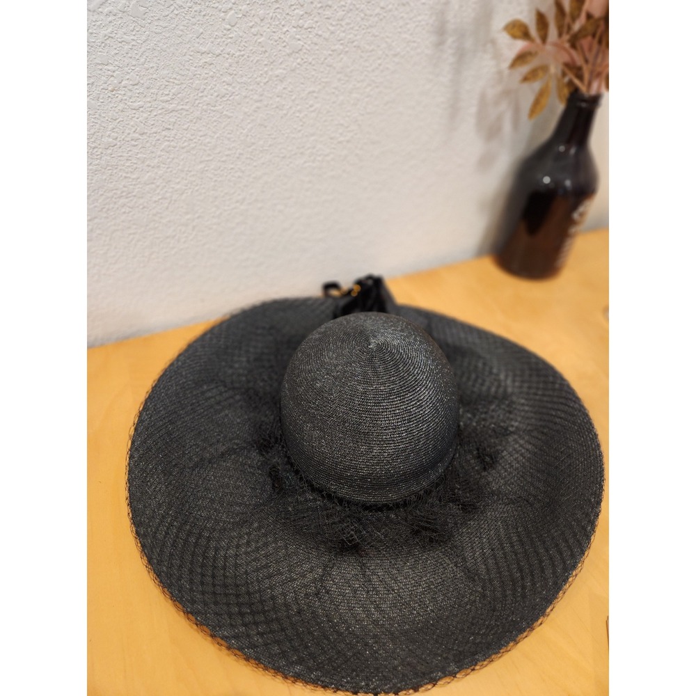Black Wide-Brim Raffia Sun Hat with Decorative Trim